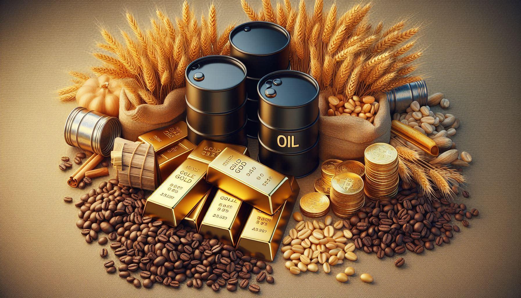 Commodity trading black barrel of crude oil, gold bullion bars, wheat and coffee seeds